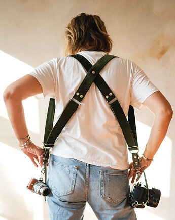 Szelki reporterskie dla fotografki welurowe zieleń butelkowa, equipo