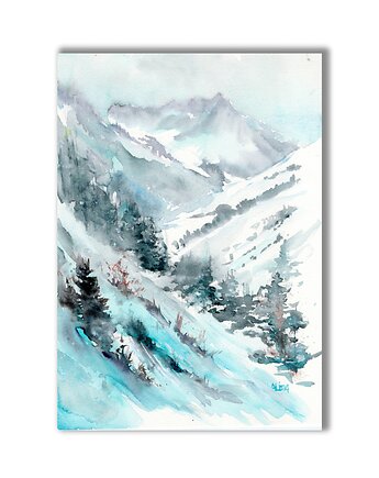 Zima. Góry. Akwarela ręcznie malowana pejzaż górski, Galeria Alma