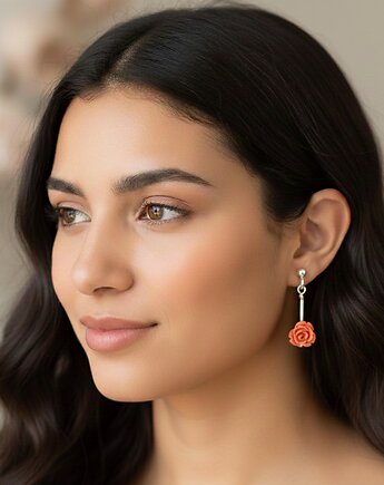 Pomarańczowe kolczyki z koralem, kolczyki z różyczką, srebro 925, Yamira Art Studio