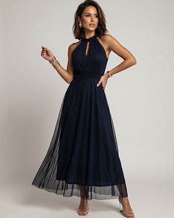 662-3 Elegancka sukienka wieczorowa maxi halter z tiulem i wiązaniem w talii, NUMOCO