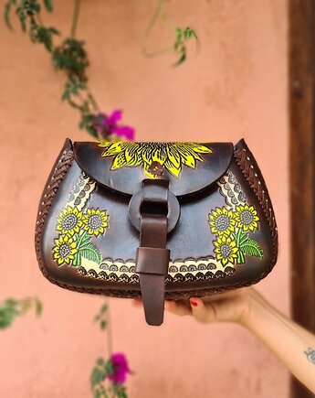 Torebka skórzana ręcznie robiona Ramona z grubej skóry słoneczniki, SempreArte