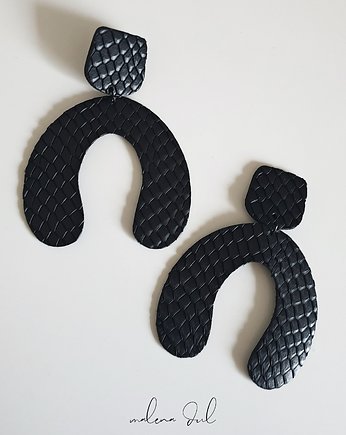 UNO duże geometryczne kolczyki z tłoczonej czarnej skóry wąż animal print, Malena Dul