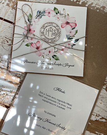 Kartka komunijna ręcznie robiona z imieniem od matki chrzestnej, sorte