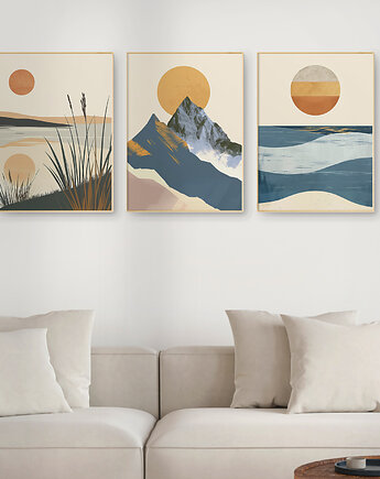 Plakaty zestaw/tryptyk natura, góry, morze, jeziora, w stylu mid-century., Grawisfera