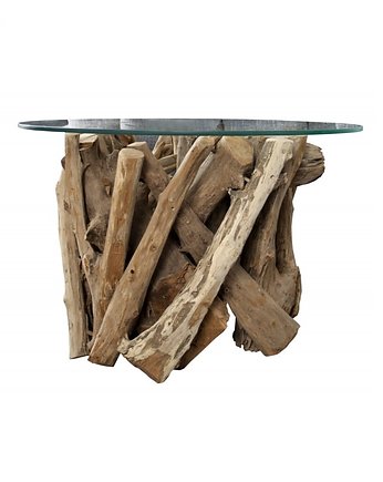 Stolik kawowy Natural drewno teakowe szklany okrągły blat 50cm, OSOBY - Prezent dla kolegi