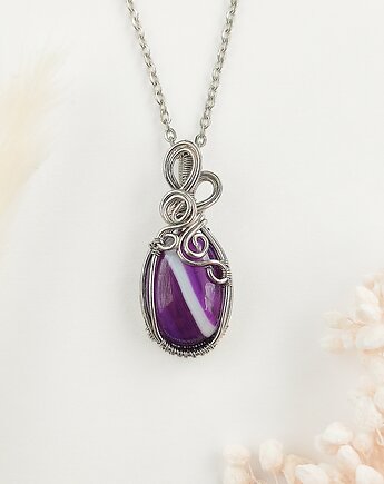 Naszyjnik Agat Fioletowy stal chirurgiczna wisiorek handmade wirewrapping, byNostawen