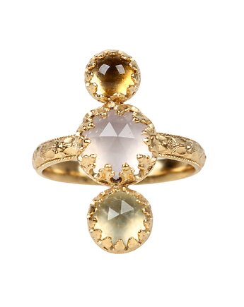 Złoty pierścionek Dream z cytrynem, kwarcem różowym i prehnitem r.13, Blooming Stones