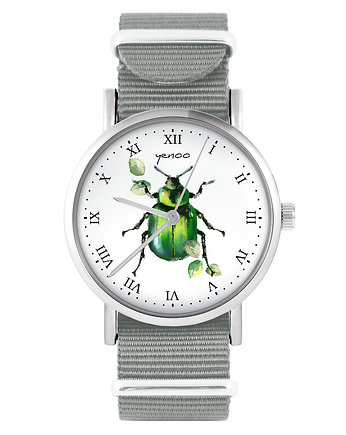 Zegarek - Zielony żuczek - szary, nylonowy, OKAZJE - Prezenty na 18 dla chłopaka