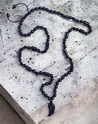 WING : onyks, turmalin : naszyjnik MĘSKI supełkowany : skrzydło anioła, kaktusia