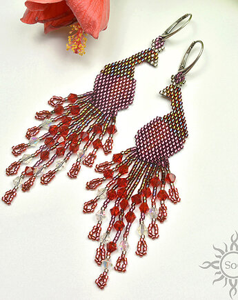 Pawie bordowe, kolczyki z frędzlami, beading, Sol