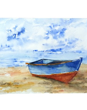 WYPRZEDAŻ SZTUKI! Akwarela Łódka na plaży oryginalny obraz 300g 21x30 cm, Kwitnace