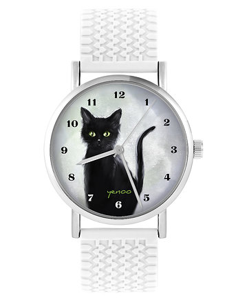Zegarek - Czarny kot, cyfry - silikonowy, biały, yenoo