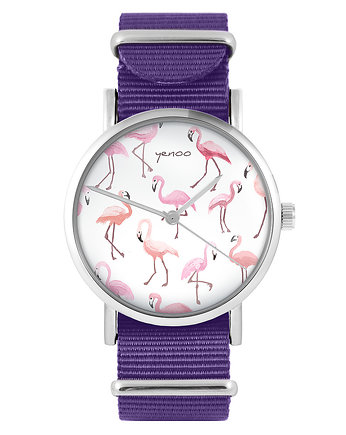 Zegarek - Flamingi - fiolet, nylonowy, yenoo