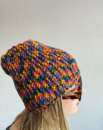 Kolorowa mała czapka beanie z wełną i alpaką, Zasznurowane