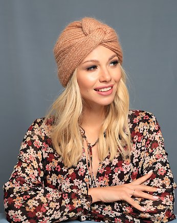 Wełniana czapka turban ciepły beż nude., BOZKA Luxury Handmade