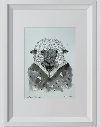 Rysunek Owca 30x20cm + biała rama A4, ŁUKASZ KROKOSZ ART