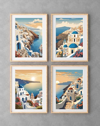 4 PLAKATY Santorini obrazki ilustracje Grecja, black dot studio