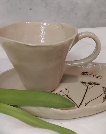 Filiżanka ceramiczna beżowa , hand made , roślinki, AM Natural Home
