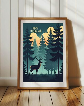 PLAKAT Bory Tucholskie las ilustracja jeleń, black dot studio