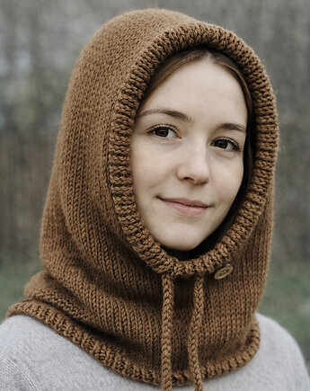 Balaclava oversize kominiarka kaptur zamiast czapki z merino camel, splotomaniaa