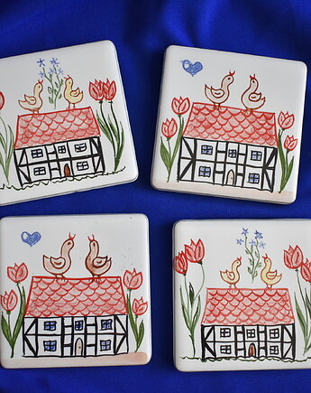 Kafle ręcznie malowane- Rustykalne podkładki kurki kolorowe domki, Kobaltowa Sroka