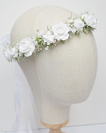 Delikatny Wianek komunijny jak żywy biel, ivory , zieleń,, Petite Dame