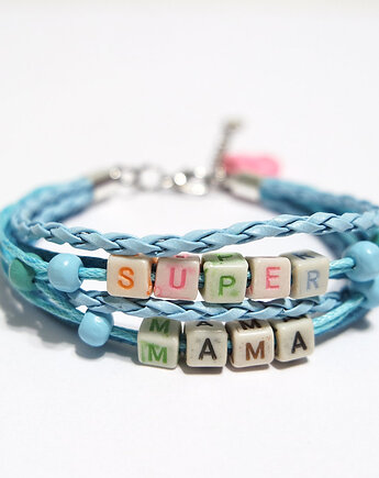 Bransoletka - Super mama - rzemienie, niebieska, yenoo