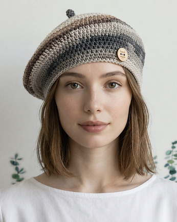Wiosenny beret damski z antenką ręcznie robiony bawełna one size, splotomaniaa