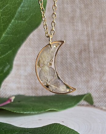 Wieczne kwiaty złoty wisiorek złota zawieszka księżyc hortensja, zkwiatem