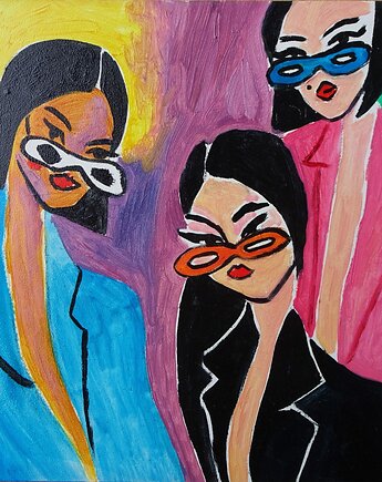 Kolorowy obraz trzy damy, alice oil on canvas