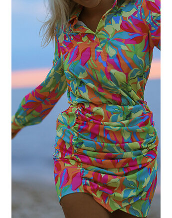 CS - Koszulowa sukienka z marszeniami JEALIFISH kolor fluo, CS