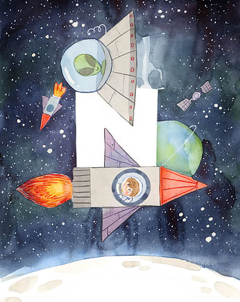 Litera N kosmos - ilustracja oryginalna A3, Czary Malary