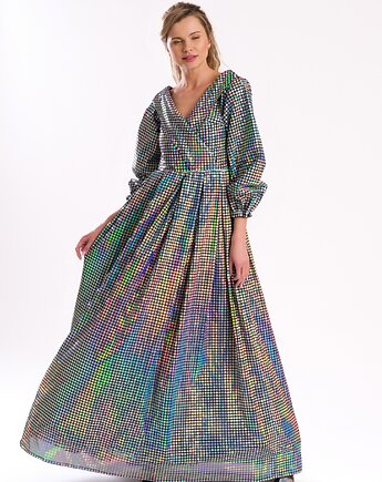 Cekinowa suknia maxi, dekolt w serek, dlugi rekaw, Torri Design