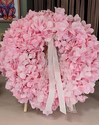 Wianek ze sztucznych różowych hortnesji, dekoracja drzwi, ozdoba na drzwi, miaukramy