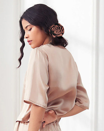 Brązowa, jedwabna róża na miniscrunchie, BARLA