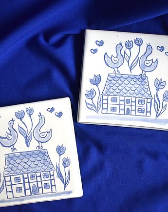 Kafle ręcznie malowane- Rustykalne podkładki kurki kobaltowe domki, Kobaltowa Sroka