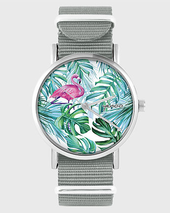 Zegarek - Flaming, tropikalny - szary, palmy, yenoo