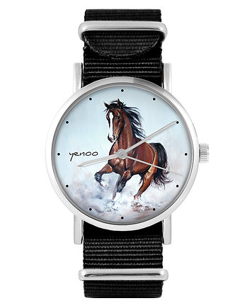 Zegarek - Koń brązowy - czarny, nylonowy, OKAZJE - Prezenty na 18 dla chłopaka