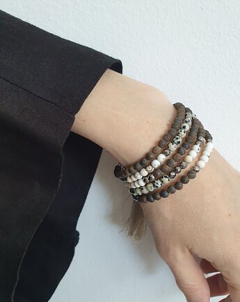 Bransoletka MOON jaspis dalmatyński, bronzyt, howlit, hematyt, lniany chwost, modesign