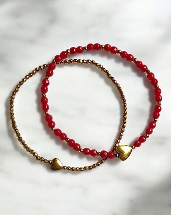 Komplet czerwono-złoty : bransoletki z serduszkami : na prezent, kaktusia