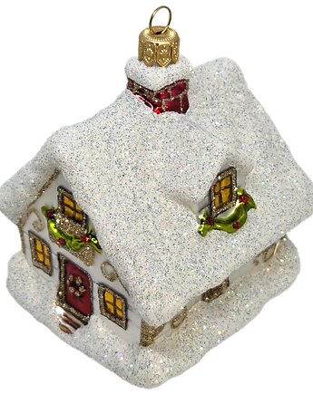 Ręcznie malowana szklana bombka biały świąteczny domek ze złotymi wzorami, STARGLASS