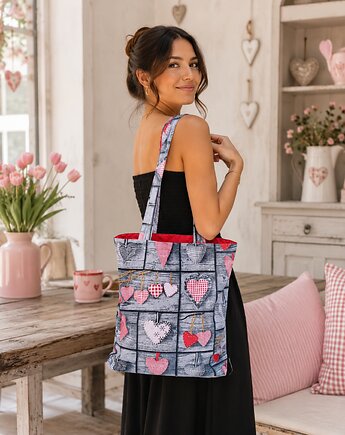 Torba na zakupy torba shopper shopperka torba zakupowa retro serca, Uszyciuch