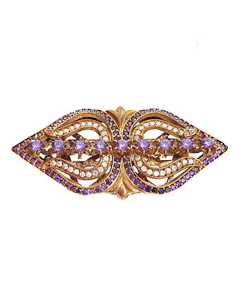 Srebrna złocona broszka z fioletowymi kamieniami, KOM Biżuteria