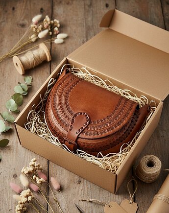 Skórzana torebka góralska ręcznie robiona Nicte Brązowa wzory zakopane, SempreArte