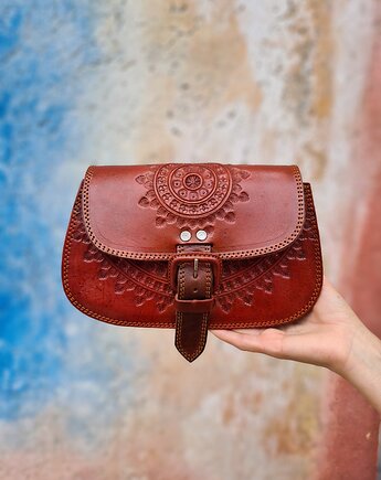 Torebka skórzana ręcznie robiona góralska ze skóry Sol wzory, SempreArte