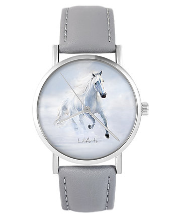 Zegarek - Biały koń biegnący - skóra, szary, yenoo