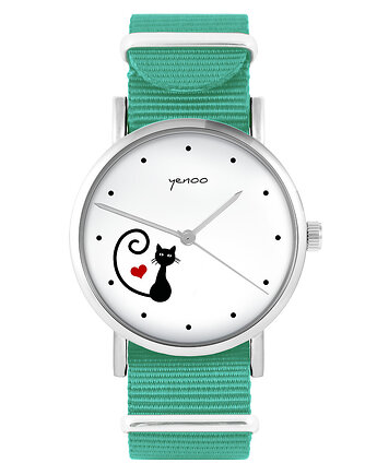 Zegarek - Kotek serce - turkusowy, nylonowy, yenoo