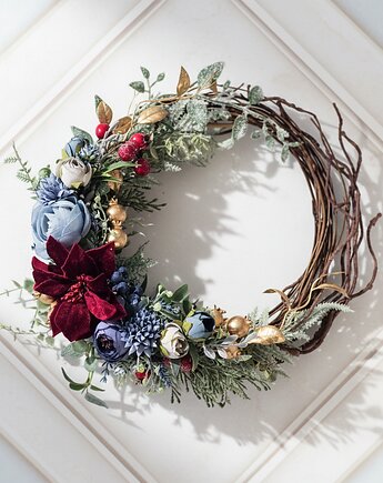 Zimowy wieniec na drzwi bordo i błękit (26cm), Lola White