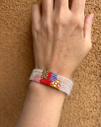 Bransoletka handmade tkana ręcznie na krośnie z koralikami, Słońcem Tkane