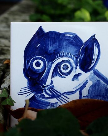 Kafelek ręcznie malowany z kotem, niebieski, azulkafelki